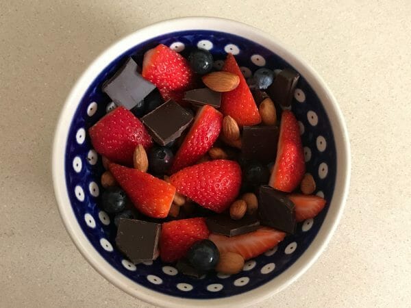 strawberries, almonds,blueberries and dark chocolate 